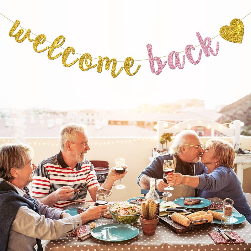 INNORU Welcome Back Banner, Gold and Pink Glitter Retirement Party Banner, Moving Away, Retirement Party Decorations, First Day of School Banner - Image 5